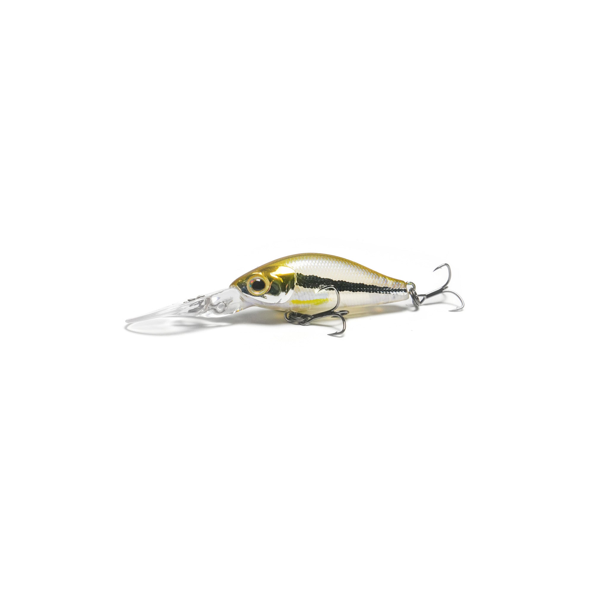 Fishing lure with a white and gold body on a white background