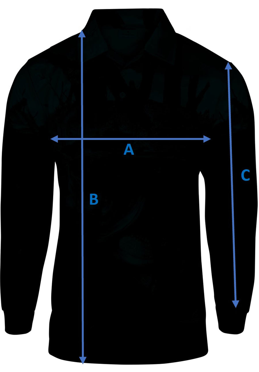 Shirt measurement guide: A chest, B length, C sleeve